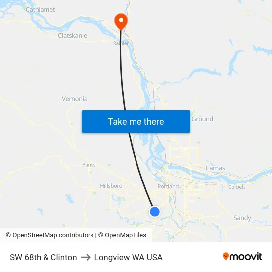 SW 68th & Clinton to Longview WA USA map