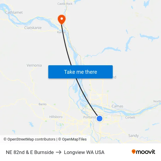 NE 82nd & E Burnside to Longview WA USA map