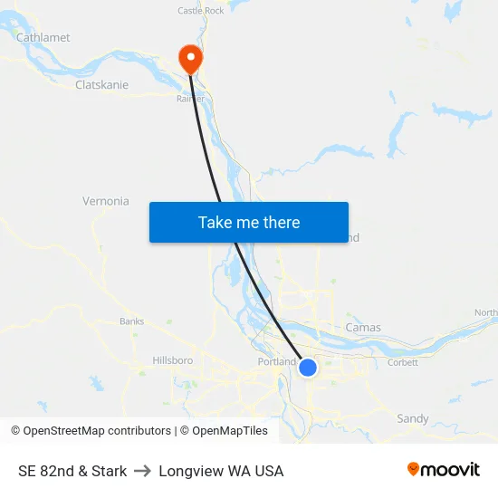 SE 82nd & Stark to Longview WA USA map