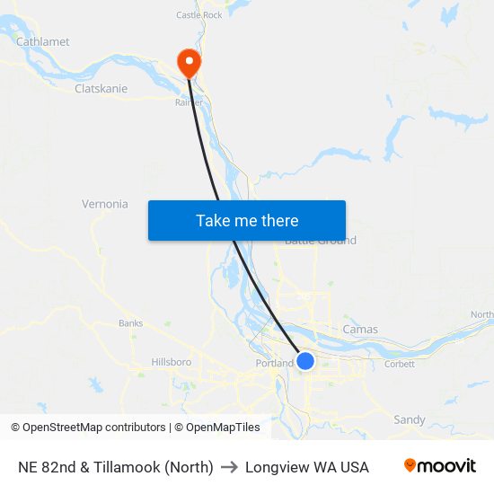 NE 82nd & Tillamook (North) to Longview WA USA map