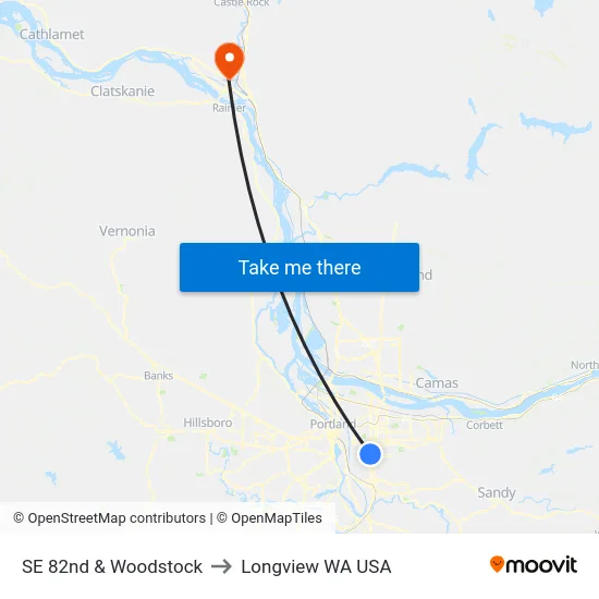 SE 82nd & Woodstock to Longview WA USA map