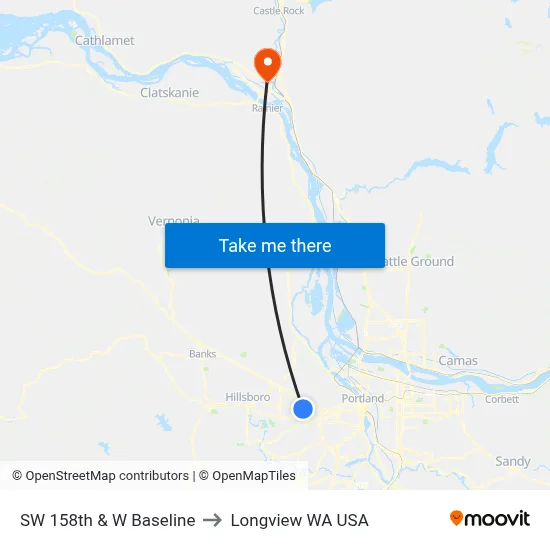 SW 158th & W Baseline to Longview WA USA map