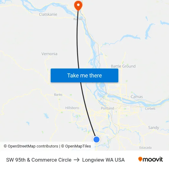 SW 95th & Commerce Circle to Longview WA USA map