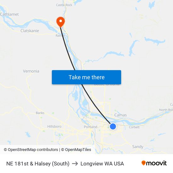 NE 181st & Halsey (South) to Longview WA USA map