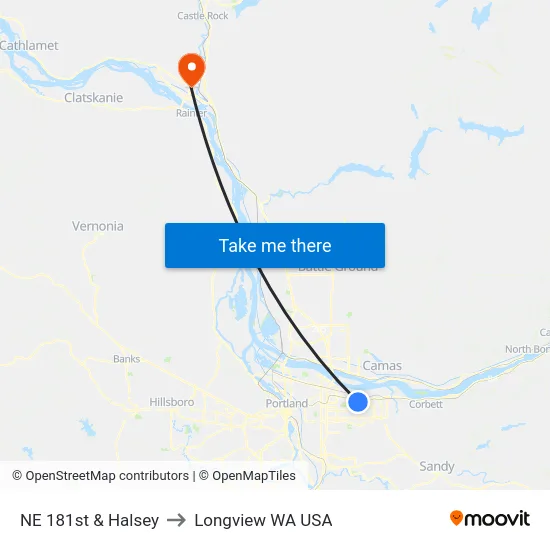 NE 181st & Halsey to Longview WA USA map