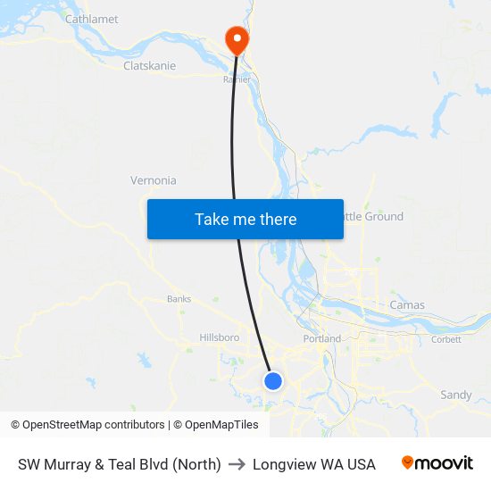 SW Murray & Teal Blvd (North) to Longview WA USA map