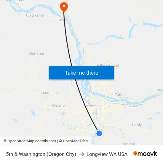 5th & Washington (Oregon City) to Longview WA USA map