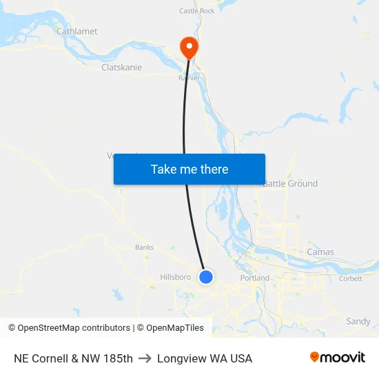 NE Cornell & NW 185th to Longview WA USA map