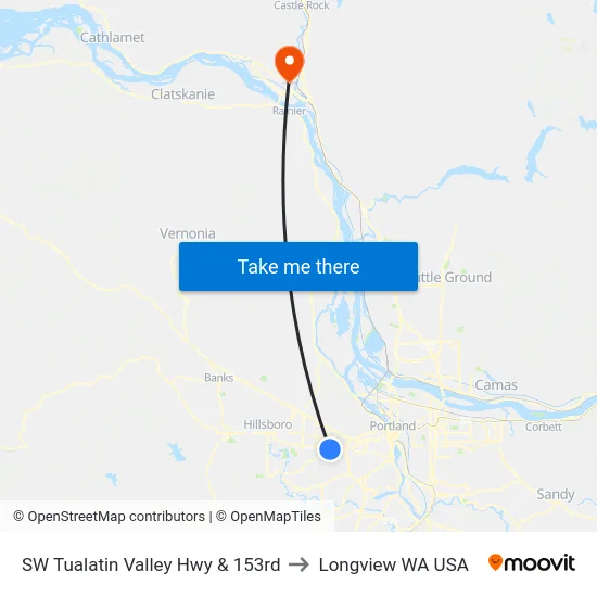 SW Tualatin Valley Hwy & 153rd to Longview WA USA map