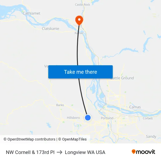 NW Cornell & 173rd Pl to Longview WA USA map