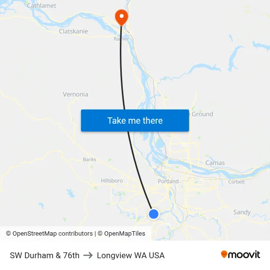SW Durham & 76th to Longview WA USA map