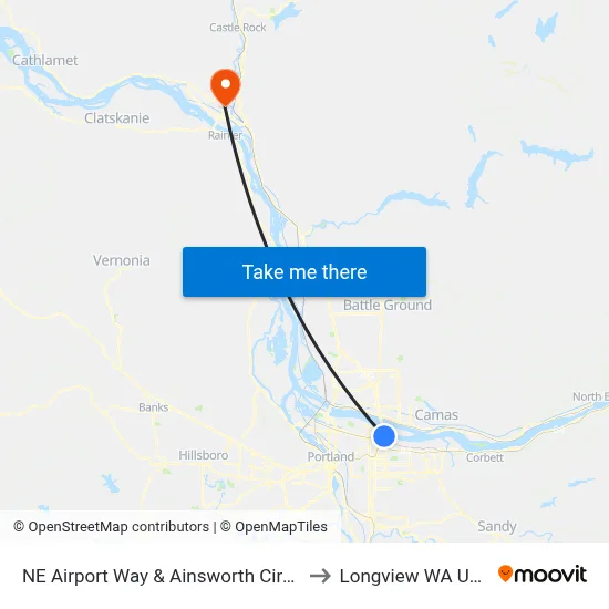 NE Airport Way & Ainsworth Circle to Longview WA USA map