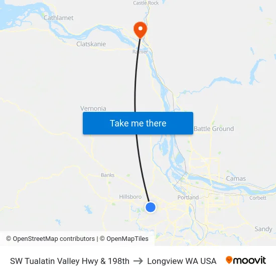 SW Tualatin Valley Hwy & 198th to Longview WA USA map