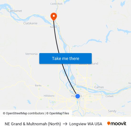 NE Grand & Multnomah (North) to Longview WA USA map