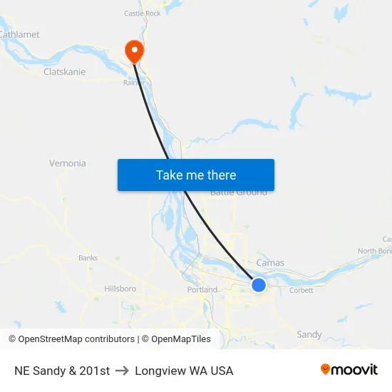NE Sandy & 201st to Longview WA USA map