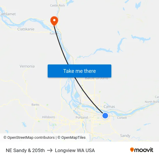 NE Sandy & 205th to Longview WA USA map