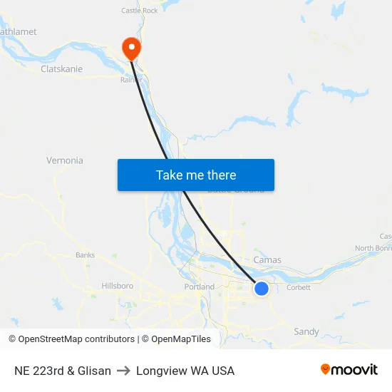 NE 223rd & Glisan to Longview WA USA map
