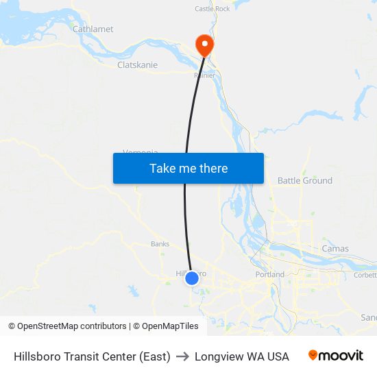 Hillsboro Transit Center (East) to Longview WA USA map