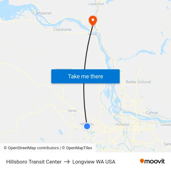 Hillsboro Transit Center to Longview WA USA map