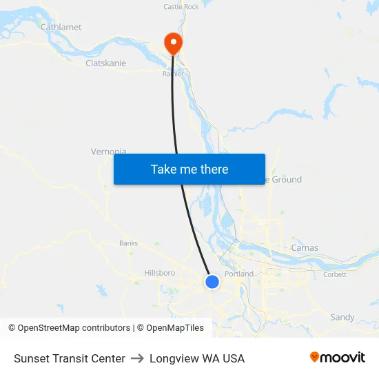 Sunset Transit Center to Longview WA USA map