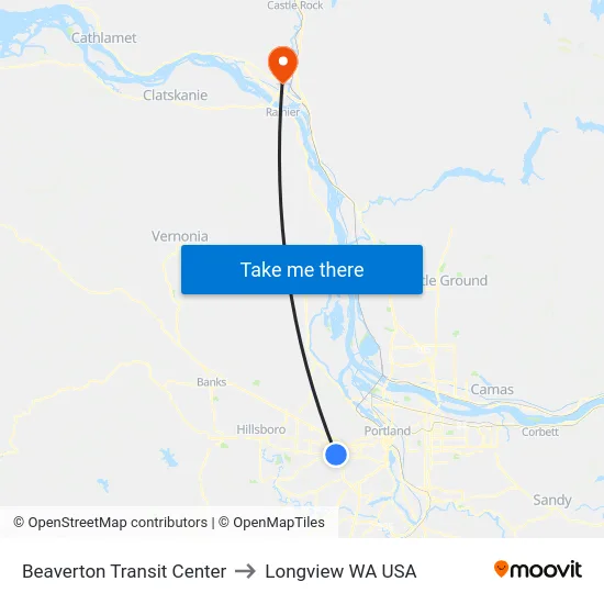 Beaverton Transit Center to Longview WA USA map