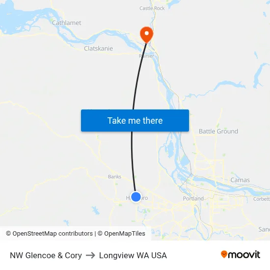 NW Glencoe & Cory to Longview WA USA map