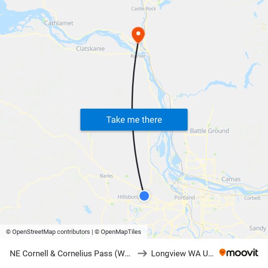 NE Cornell & Cornelius Pass (West) to Longview WA USA map