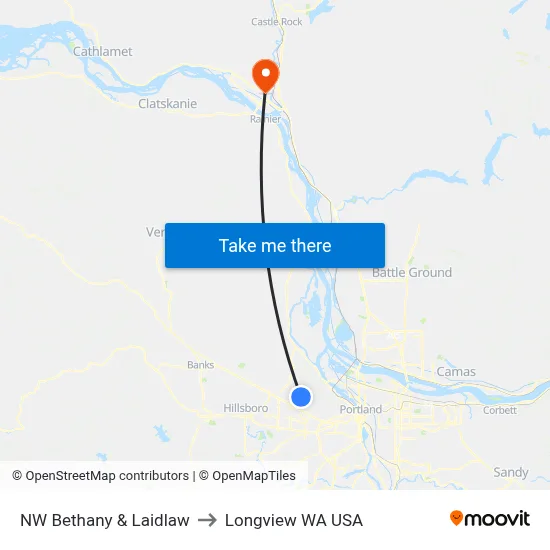 NW Bethany & Laidlaw to Longview WA USA map