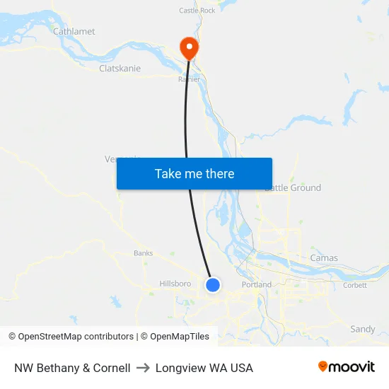 NW Bethany & Cornell to Longview WA USA map