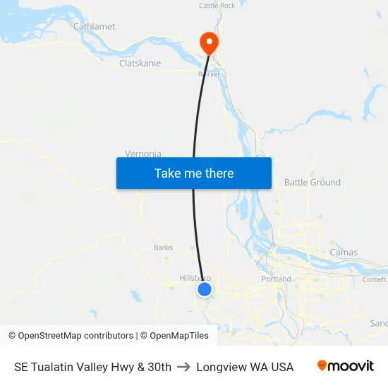 SE Tualatin Valley Hwy & 30th to Longview WA USA map