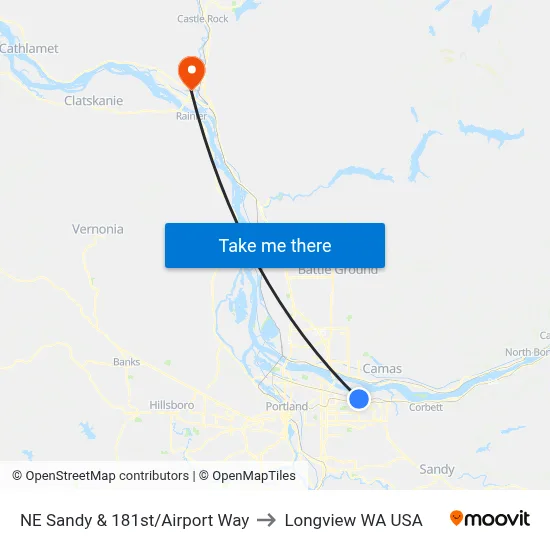 NE Sandy & 181st/Airport Way to Longview WA USA map
