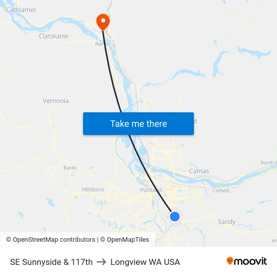 SE Sunnyside & 117th to Longview WA USA map
