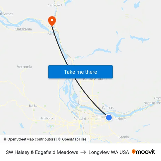 SW Halsey & Edgefield Meadows to Longview WA USA map