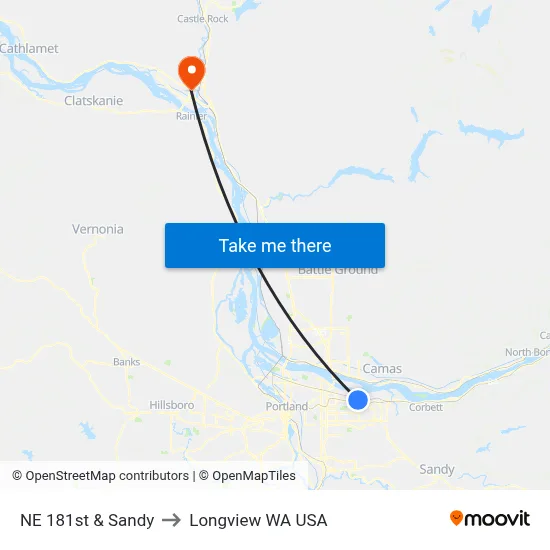 NE 181st & Sandy to Longview WA USA map