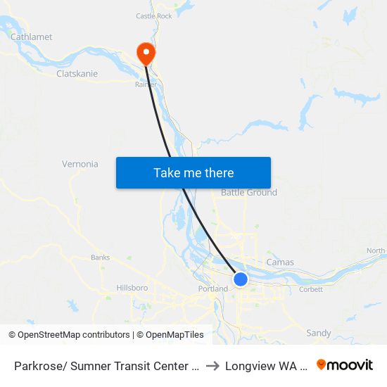 Parkrose/ Sumner Transit Center (East) to Longview WA USA map