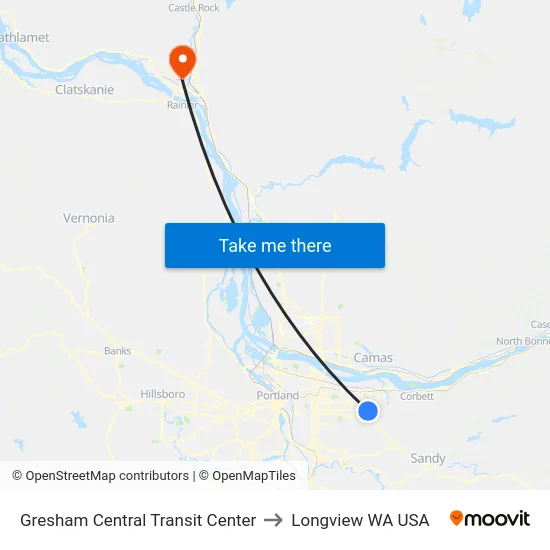 Gresham Central Transit Center to Longview WA USA map