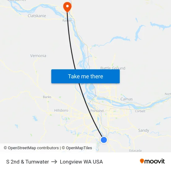 S 2nd & Tumwater to Longview WA USA map