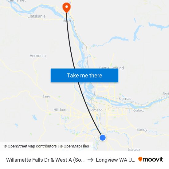 Willamette Falls Dr & West A (South) to Longview WA USA map