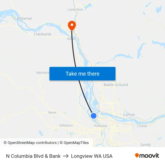 N Columbia Blvd & Bank to Longview WA USA map
