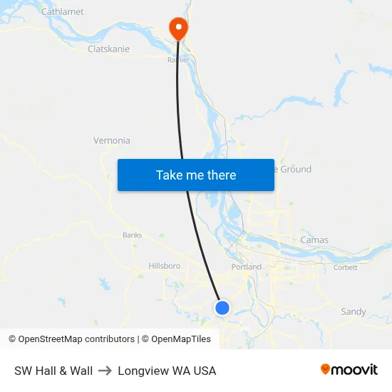 SW Hall & Wall to Longview WA USA map