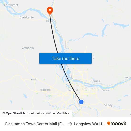 Clackamas Town Center Mall (East) to Longview WA USA map