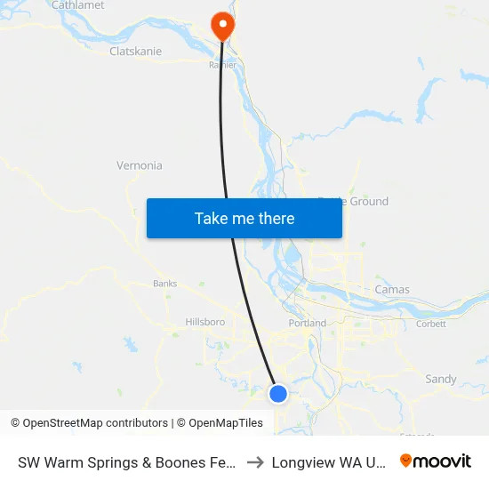SW Warm Springs & Boones Ferry to Longview WA USA map