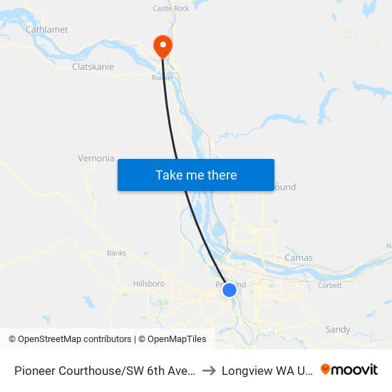 Pioneer Courthouse/SW 6th Avenue to Longview WA USA map