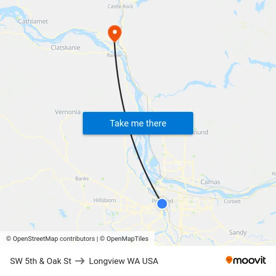 SW 5th & Oak St to Longview WA USA map