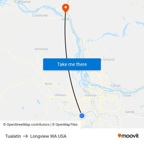 Tualatin to Longview WA USA map
