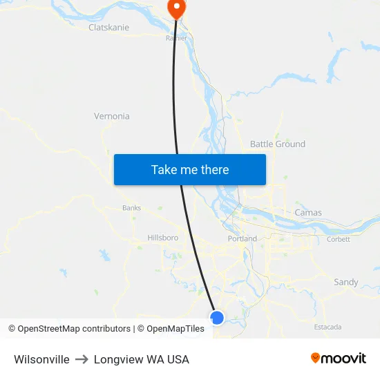 Wilsonville to Longview WA USA map