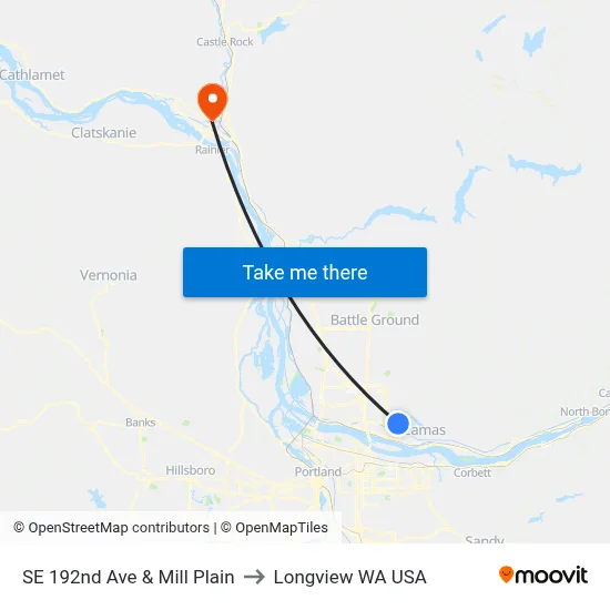 SE 192nd Ave & Mill Plain to Longview WA USA map