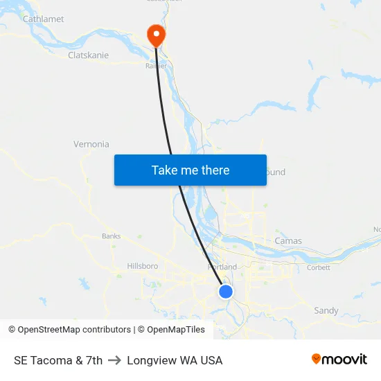 SE Tacoma & 7th to Longview WA USA map