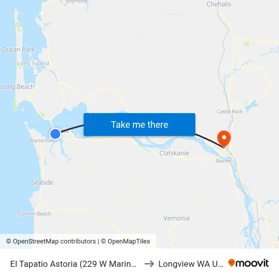 El Tapatio Astoria (229 W Marine Dr) to Longview WA USA map