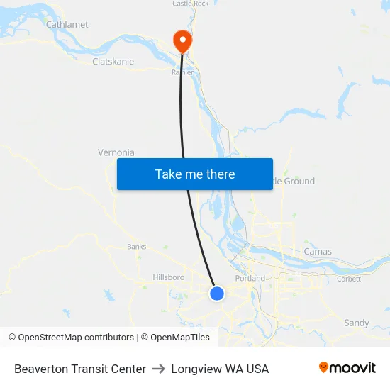 Beaverton Transit Center to Longview WA USA map